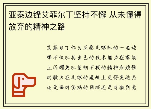 亚泰边锋艾菲尔丁坚持不懈 从未懂得放弃的精神之路