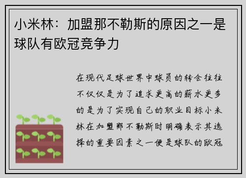 小米林：加盟那不勒斯的原因之一是球队有欧冠竞争力